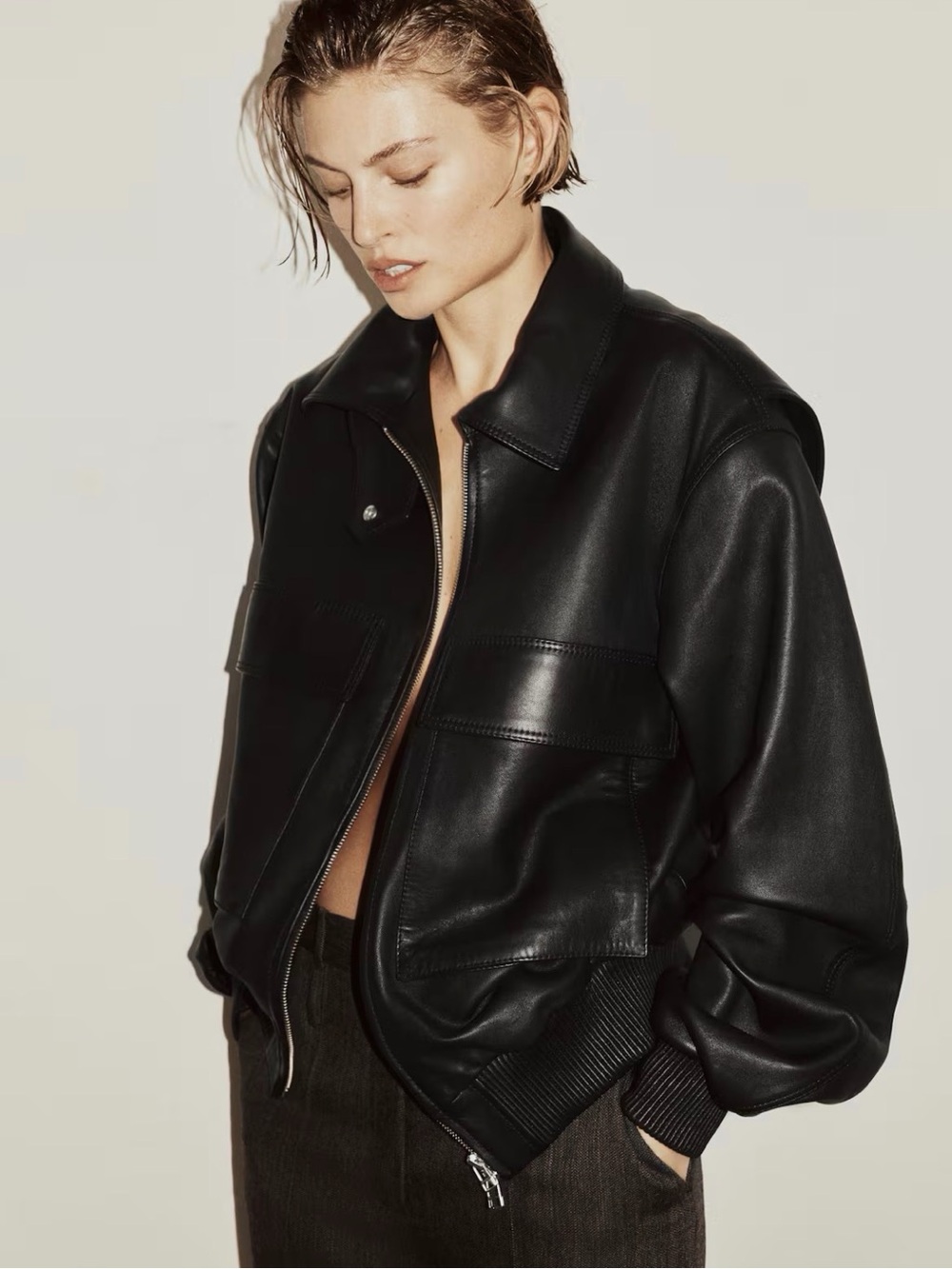 H&M Edition Black Bomber Style Leather Jacket. SIZE LARGE Great Details NWT